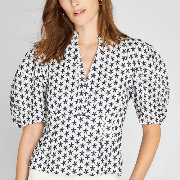 Club Monaco Embroidered Balloon Sleeve Top White Navy Size Small - Picture 1 of 5